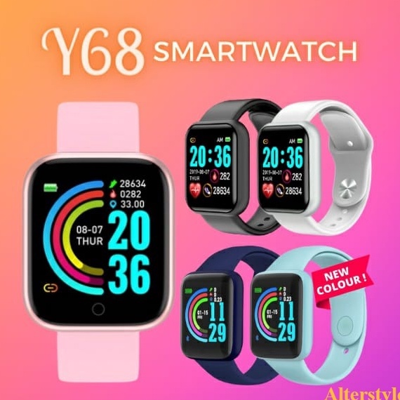 ➟Vrg (COD) Smartwatch y68 Pria Wanita smart watch D20 Macaron Series Jam tangan Digital Pria Sport T