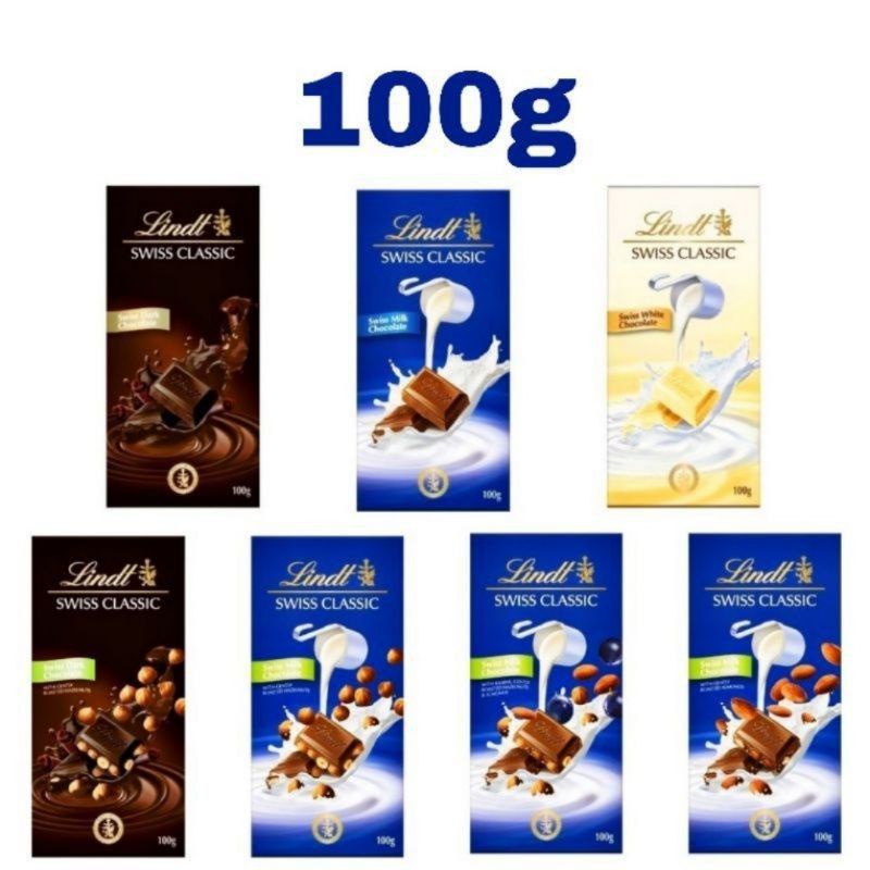 

Lindt Swiss Classic Chocolate Lk Almond Hazelnut Raisin White Dark 100 Gram Coklat Susu Putih Hitam