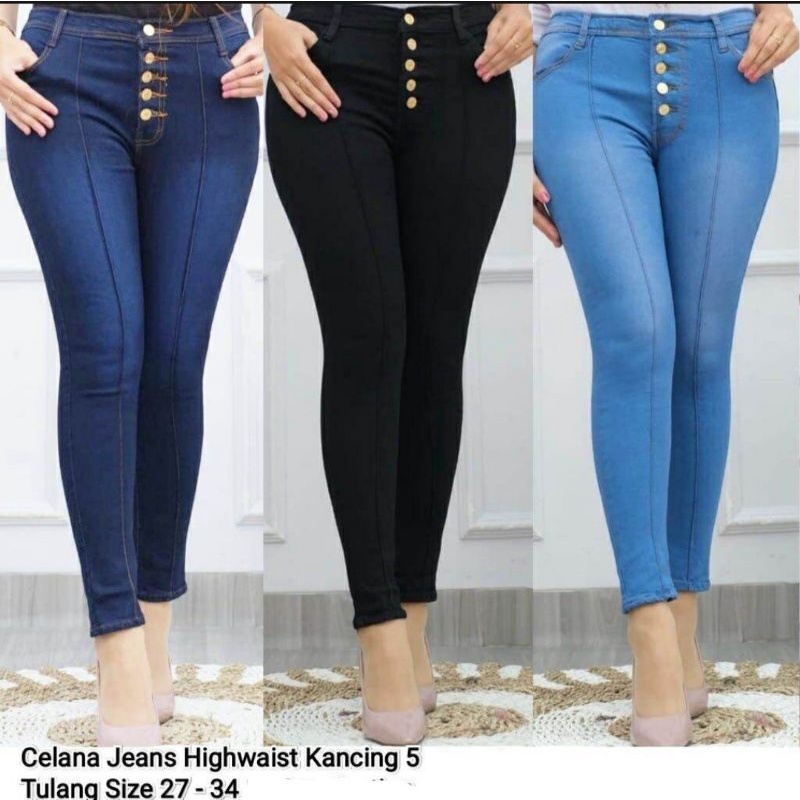Celana Jeans wanita Highwaist Kancing 5 Line/HW kancing 5