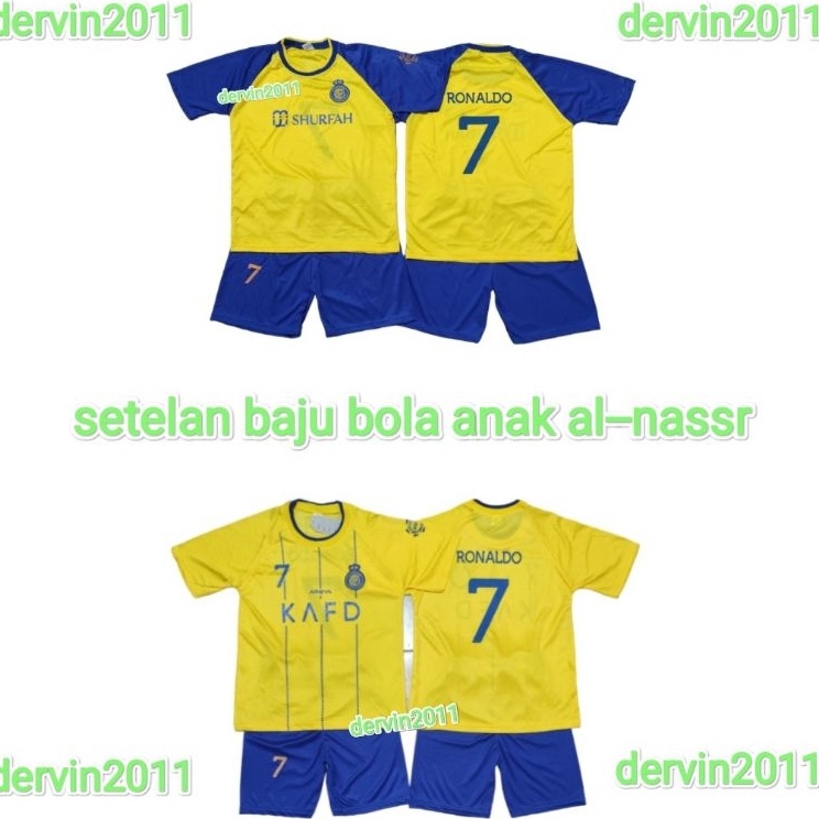 Original setelan baju sepak bola anak al--nassr / jersey Ronaldo/buat umur 8 bulan sampai 11 tahun k