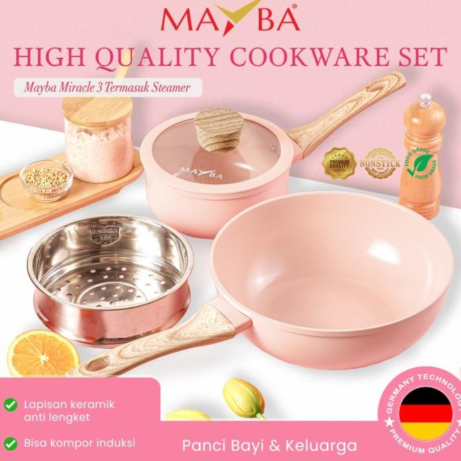 Panci Set Miracle Pink 3 Pcs Keramik Antilengket Wok,Saucepan, Steamer