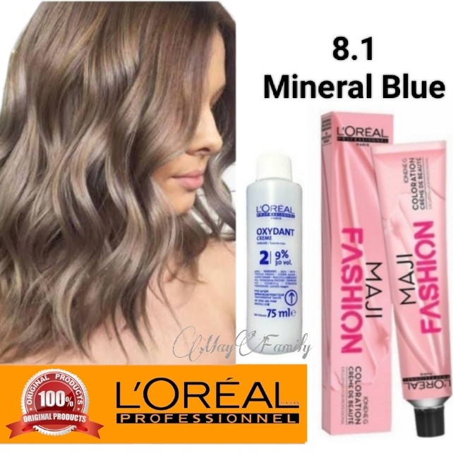 cat rambut loreal maji 8.1 mineral blue dark ash brown