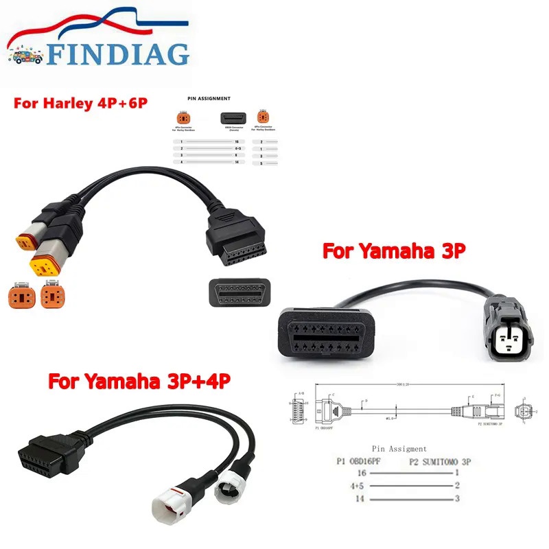 ❤For Harley/YAMAHA 3PinDavidson Motorcycle 6Pin 4Pin Two-in-one To OBD2 Adapter OBD2 Diagnostic Scan