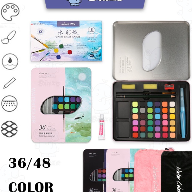 

[A22✪] BIAZE 36/48 Watercolor Paint Set Warna Solid Alat Cat Air (Termasuk Kuas dan Kertas Gambara).