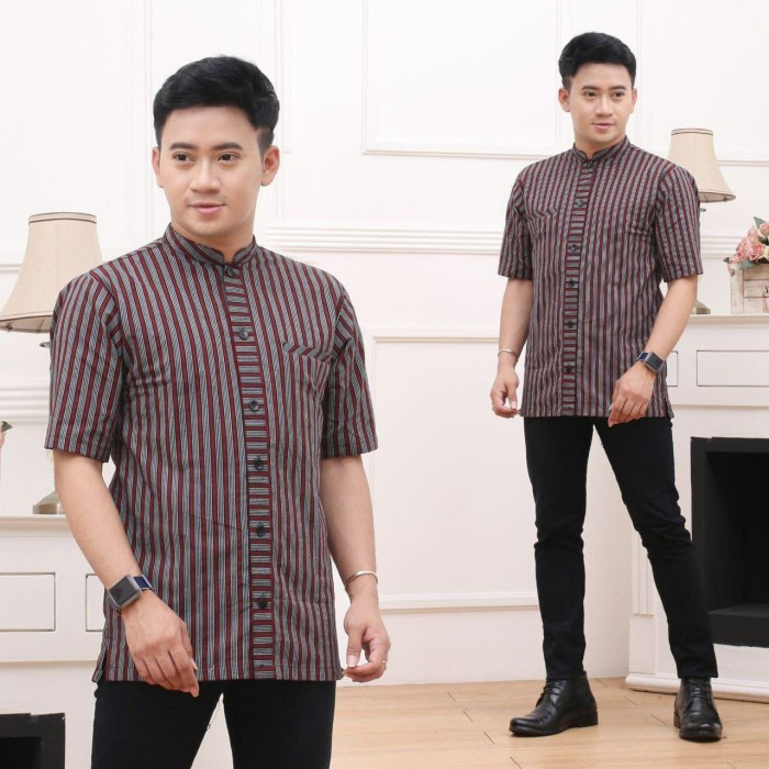 Baju Adat Jawa Pria Kemeja Surjan Lurik Lengan Pendek Katun Tenun Atbm