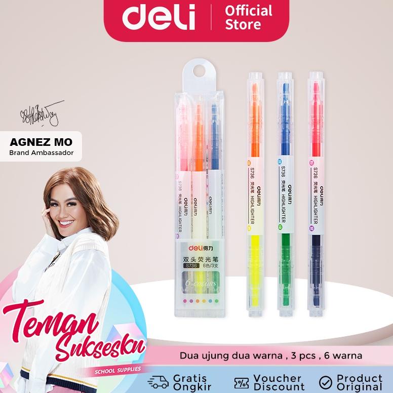 

Deli highlighter ujung 2 warna 3pcs/pak 6 warna S736