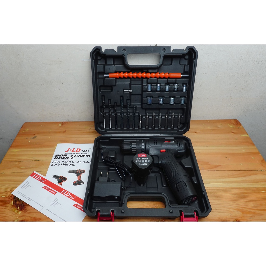 JLD TOOL - Cordless Bor Tool Kit 12V-2A Baterai Bor Cas Full Set
