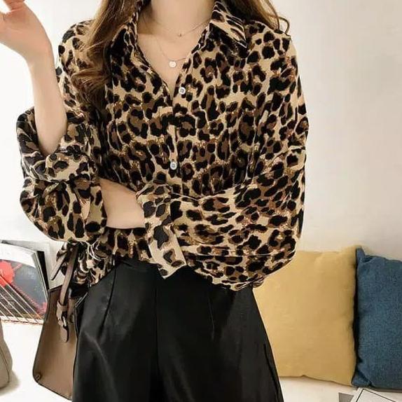 Import Oversized Loose Blouse Leopard Kemeja Motif Macan Tutul Fashion