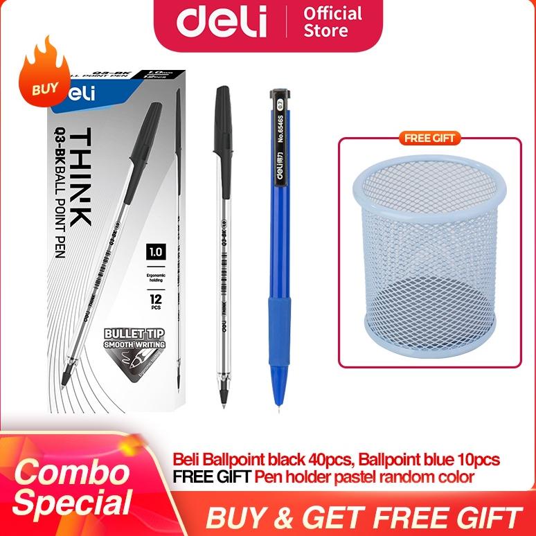 

DELI Paket Hemat 3 - Ballpoin pulpen warna hitam dan biru 50pcs, Tempat pulpen warna pastel lucu