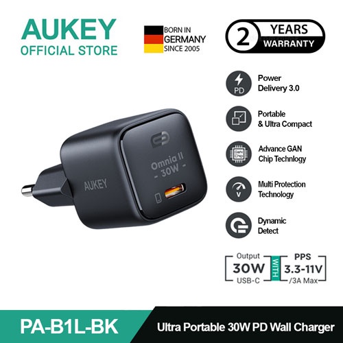 Aukey Charger Type C 30W GAN PD 3.0 PPS Fast Charging PA-B1L-BK