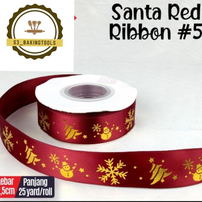 

] Pita natal merah maroon snowflake satin 22 meter import lebar 2,5 cm