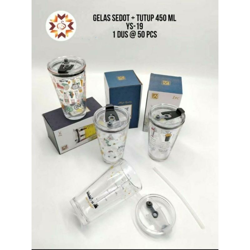 Gelas sedotan + Tutup tumbr Gelas mug kaca bening Gelas kaca tumbr 450ml