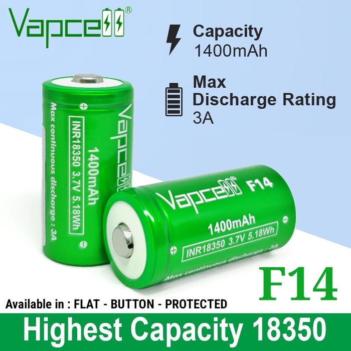 VAPCELL F14 BATERAI 18350 1400MAH HIGH CAPACITY BATTERY SENTER LED