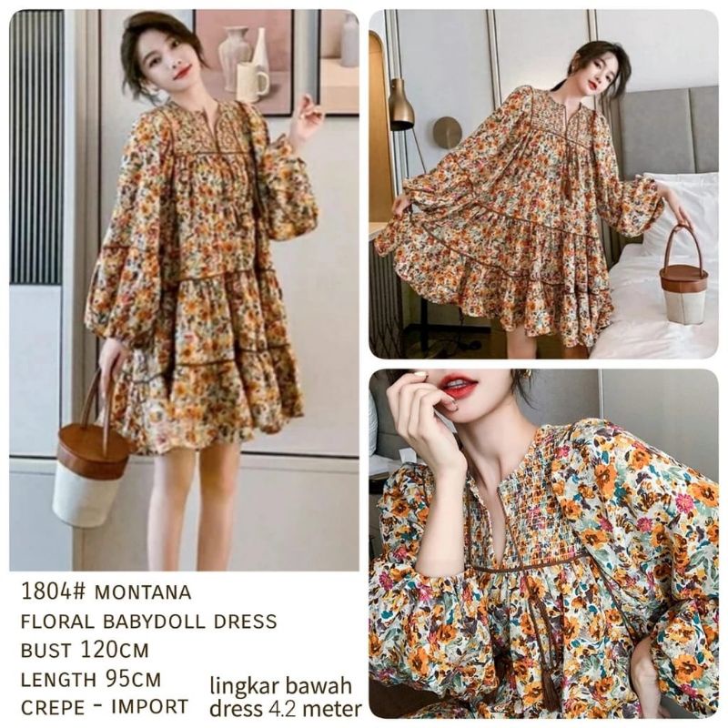 1804 Dress pendek lengan panjang wanita motif bunga