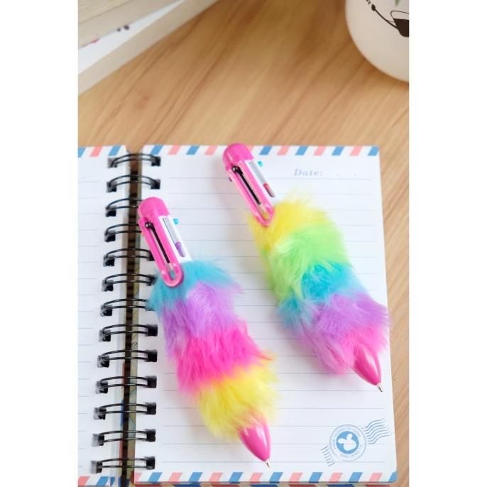 

------] Furry Pom Pom Pulpen Unicorn Rainbow Bulu Pen Lucu Unik Souvenir Ultah