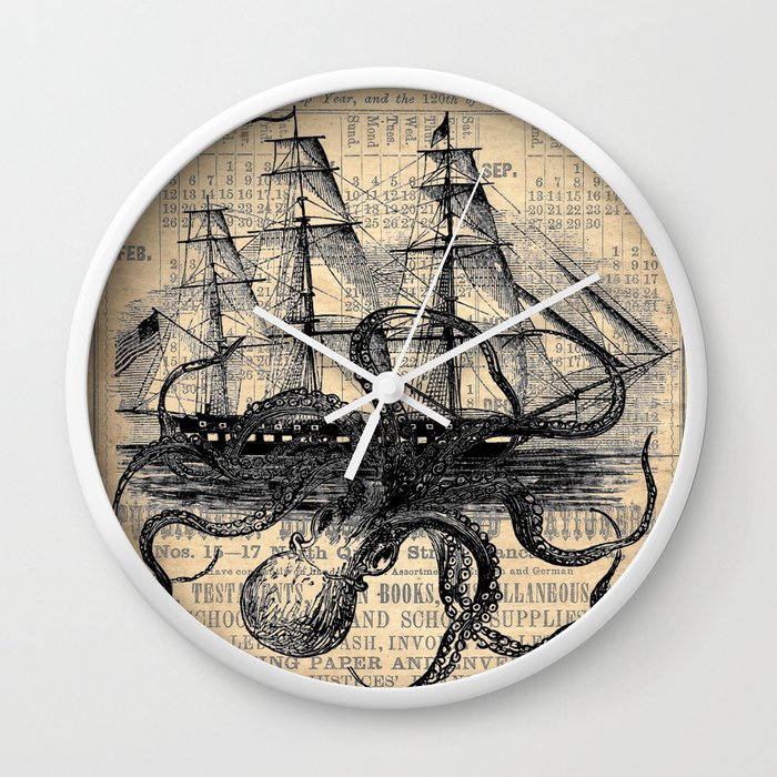Gurita Kraken menyerang Jam Dinding Kertas Almanak Antik Kapal