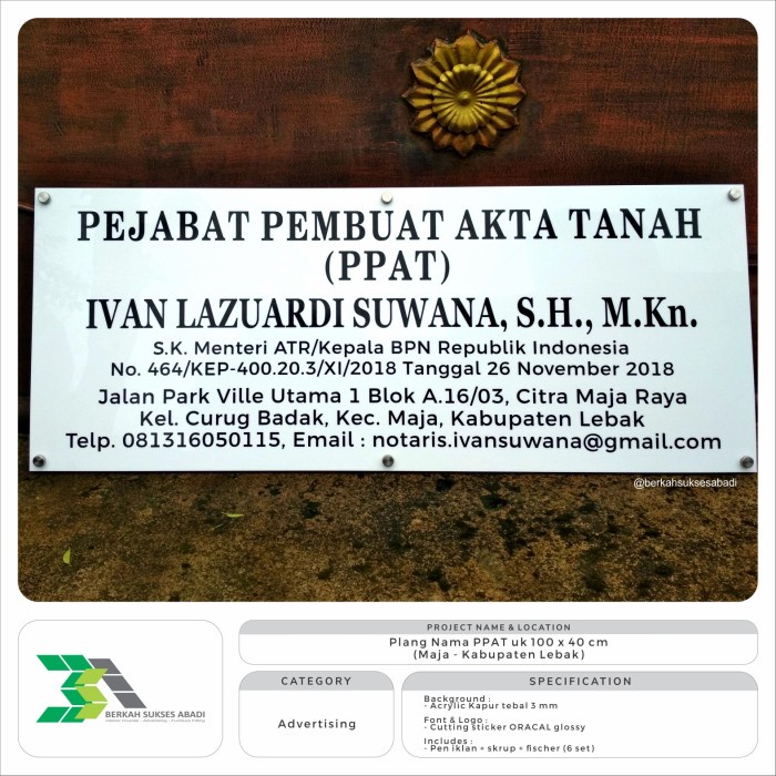 Plang Nama Ppat Uk 100X40Cm Papan Nama Notaris Ppat Papan Nama Akrilik