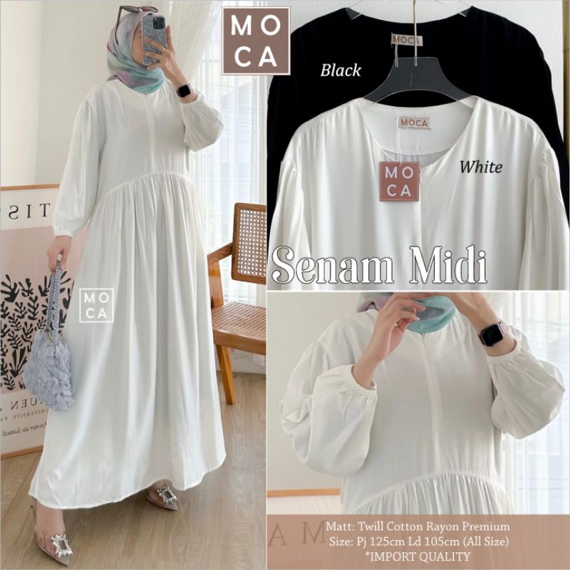 Senam MIDI Dress Twill Katun Rayon Polos Hitam Putih by Moca