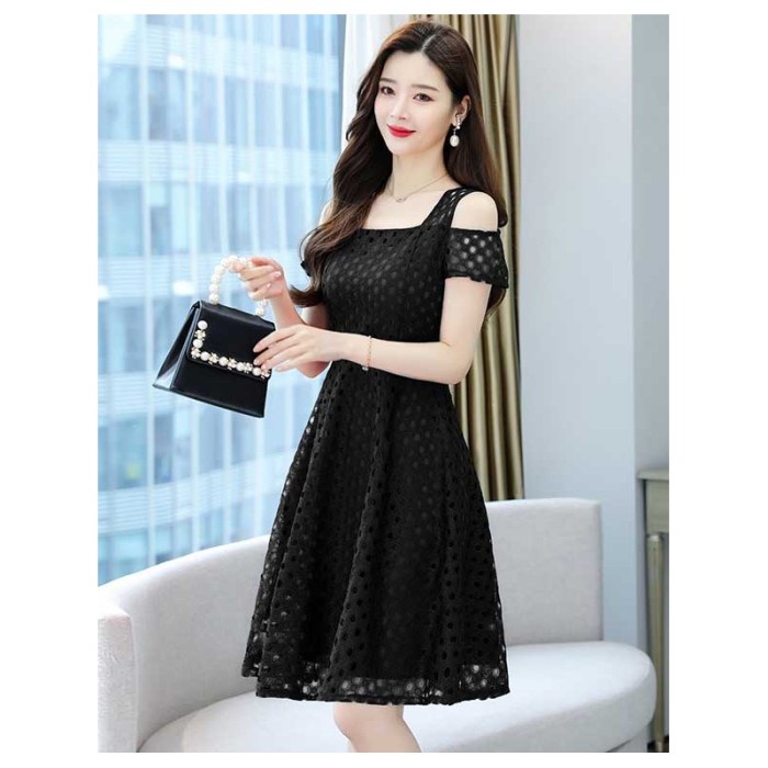 [Ori] Dress Wanita Hitam Model Duo Lengan Brukat Korea Elegant Terbatas