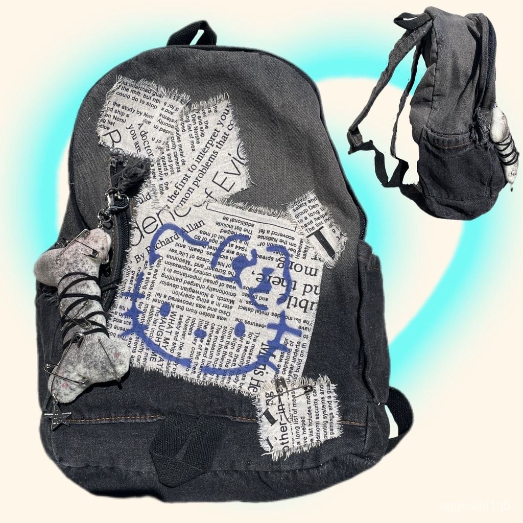 Hello kitty Tas Ransel Denim Gradien Tas Sekolah Kapasitas Besar Kartun Tulang Lucu/tas denim wanita