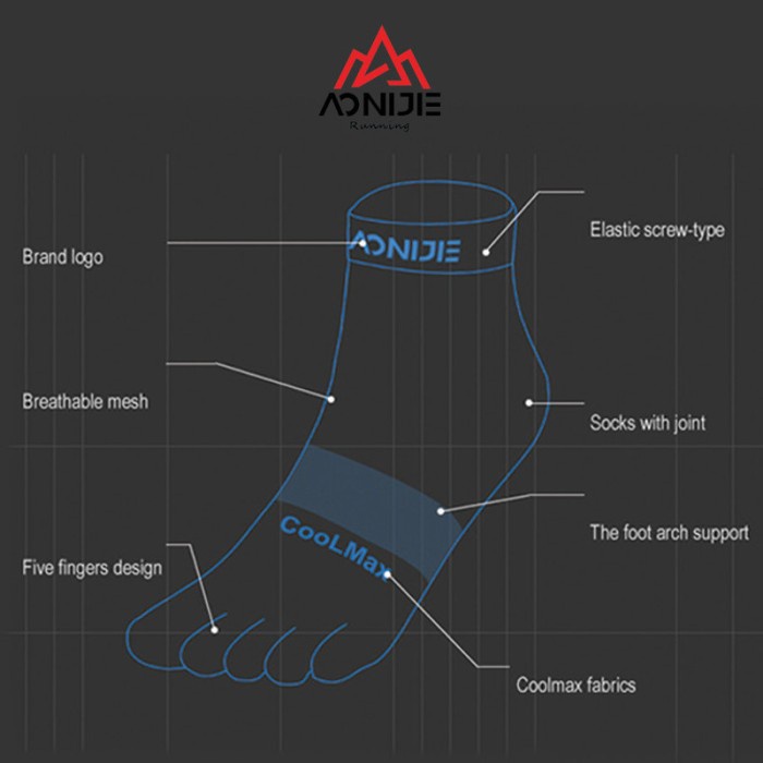Kaos Kaki - Kaos Kaki Lari Aonijie Original Running Toe Socks Black E4109S-Black