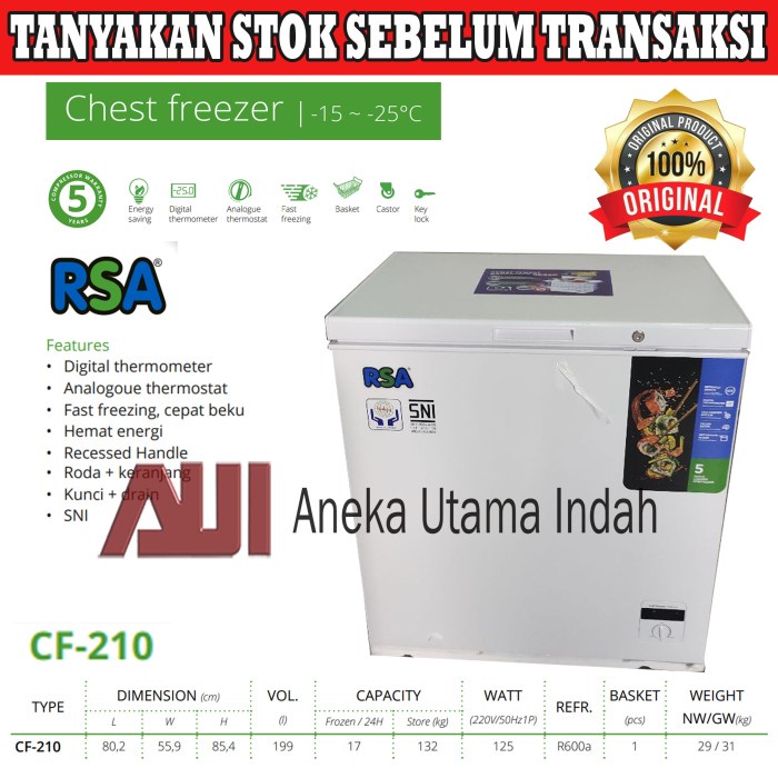 Promo Rsa Cf-210 Chest Freezer 200 Lt Liter / Freezer Box Rsa Cf210 / Cf 210