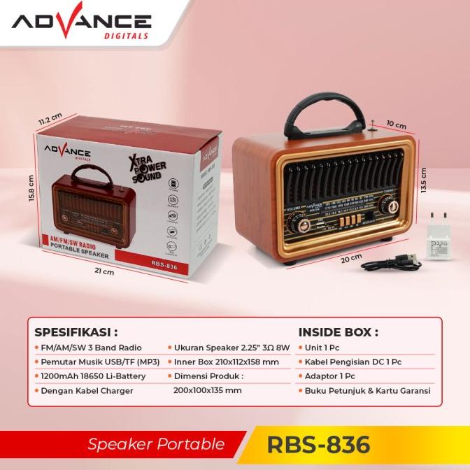 Jual | Promo Speaker Advance Rbs-836 Model Radio Tua Bluetooth Clasic Dengan Led
