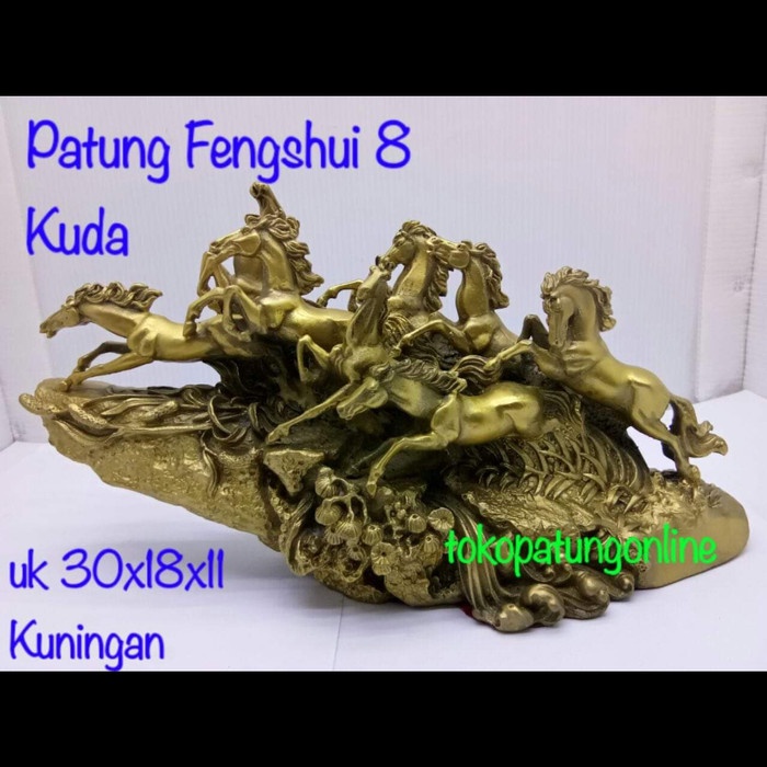 [Original] Patung Kuda Kuningan Fengshui 8 Ekor Bisa Gojek