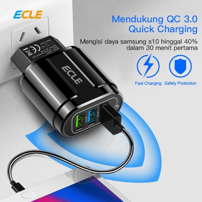 Ecle Kepala Adaptor Charger Fast Charging 3 Usb Port Quick Qc 3.0