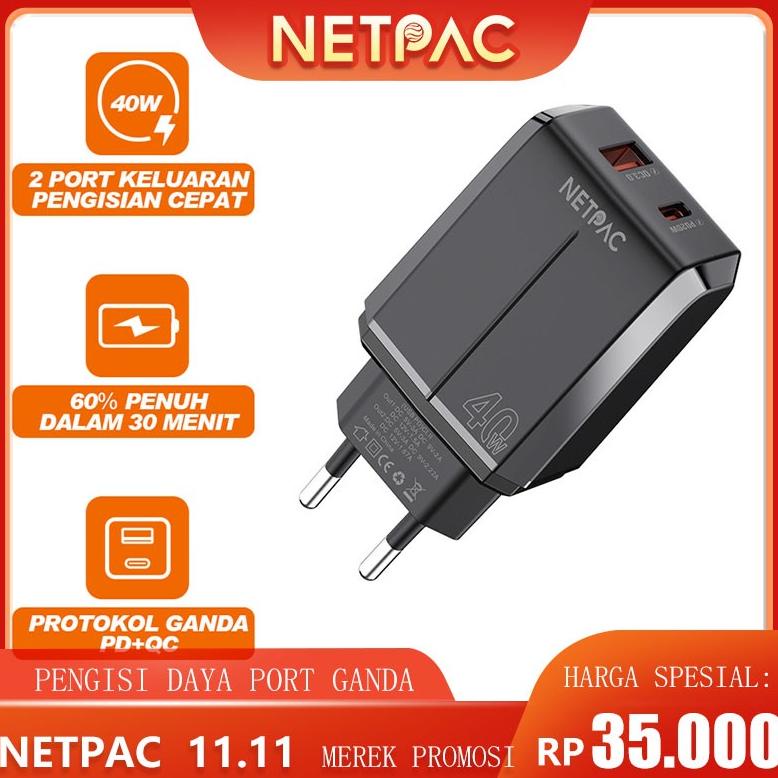 NETPAC AE17 Fast Charging Wall Charger Adaptor Dual Output 40W QC3.0 Type-C+USB Kepala Charger Origi