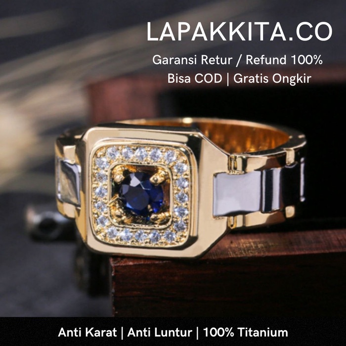 Mei Cincin Pria Titanium Batu Biru / Cincin Titanium Pria Emas Batu Biru