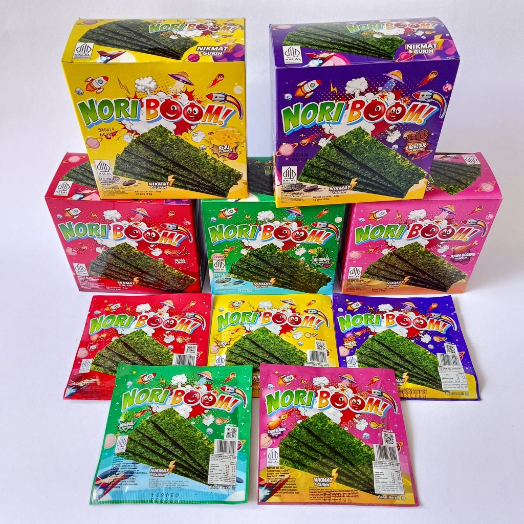 

Snack Nori Boom 1 Box 36 gram isi 12pcs @3gr Rumput Laut Panggang Noriboom Rasa Original, Pedas, Ayam Goreng, BBQ, Keju