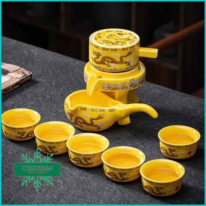 XIEXIENIN Chinese Tea Set Otomatis Teapot Teh Kaisar Raja Naga Kuning Gift Set