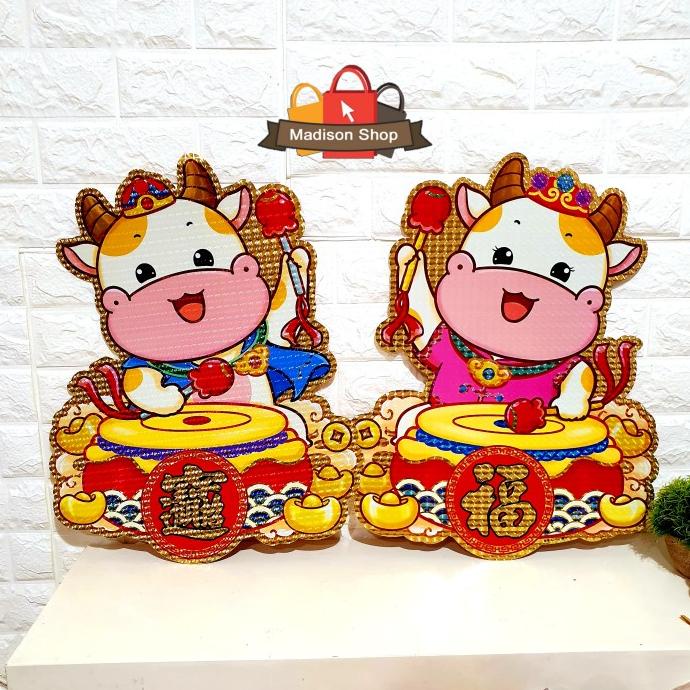 

XIEXIENIN Tempelan Kerbau Sepasang Genderang Sticker Fu hoki dekorasi Imlek Kebo