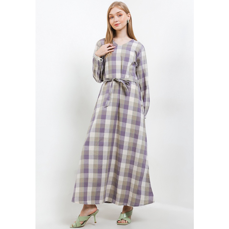 Gamis Expand Original Wanita Pakaian Muslim line cut dengan detail plaid bergaya chic Ori 100% Tren 