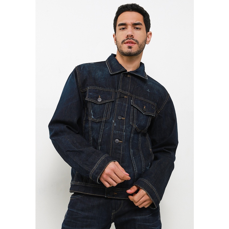 Jaket Tripl3 Jeans Original Pria Parka Detail kerah Bermerk Glamour Denim Non Stretch Laki