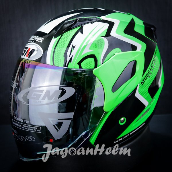 Gm Helm Fighter Muscle Power Se- Green Fluo Black -Single Visor