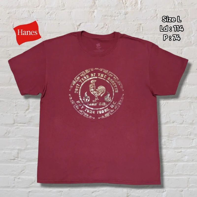 Kaos T-shirt Hanes Hoy Fong Foods Rooster Maroon Emas Vtg Original Second Preloved