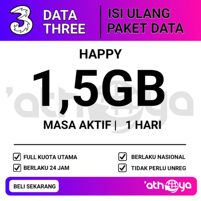 Kuota tri Happy mini 1,5GB 1 HARI Kuota 3 paket data tri Happy mini