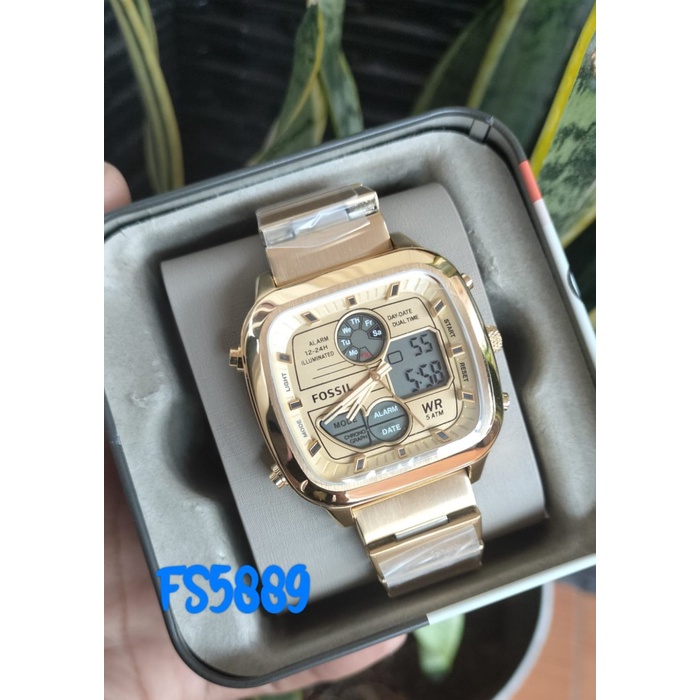 JAM TANGAN BRANDED RETRO FS5889 CHRONOGRAPH DIGITAL ANALOG DIAL GOLD