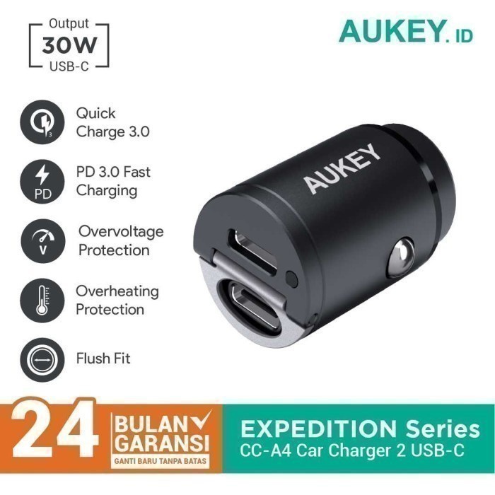 Promo Aukey Cc-A4 - 30W Dual Port Usb-C Car Charger