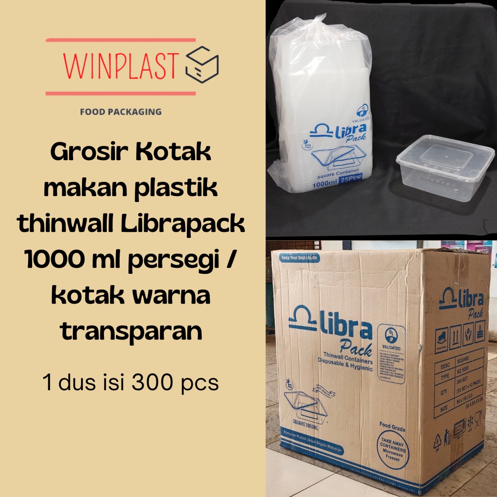 Grosir kotak makan thinwall Librapack 1000ml persegi / kotak warna transparan isi 300 pcs