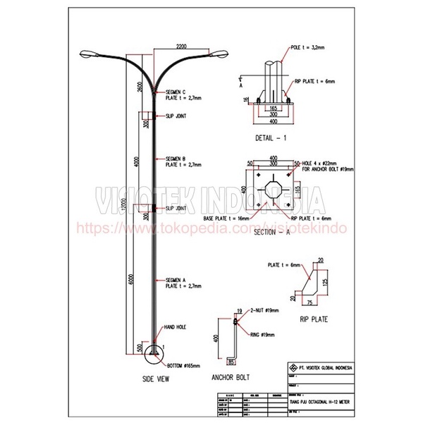 Promo Tiang Lampu Jalan Pju Oktagonal Double Arm 12 Meter Hot Deep Galvanize