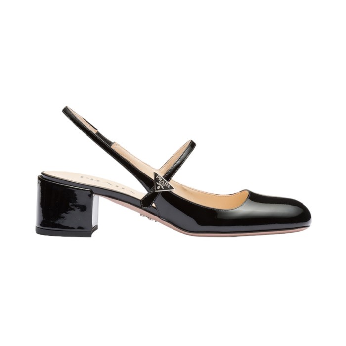 PRADA SQUARE TOE SLINGBACK HEELS PATENT LEATHER BLACK