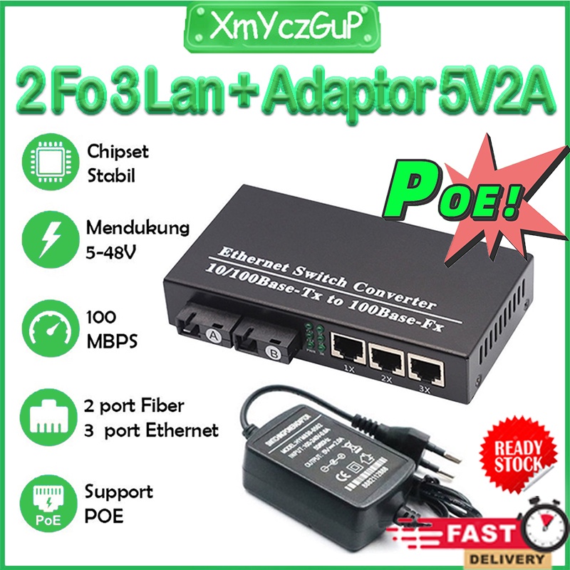 [POE] Media Converter 2 Fo 3 Lan 10/100 Mbps Htb 2 Fo 3 Lan 2F3E Support POE Fiber Optik Konverter E