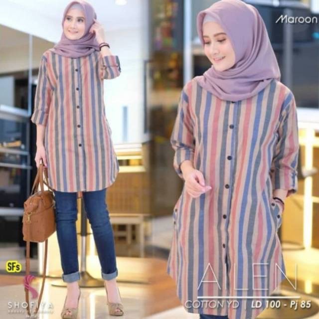 Pjs12 - Tunik Salur Lengan Panjang Stripe Tunik Atasan Wanita Ailen
