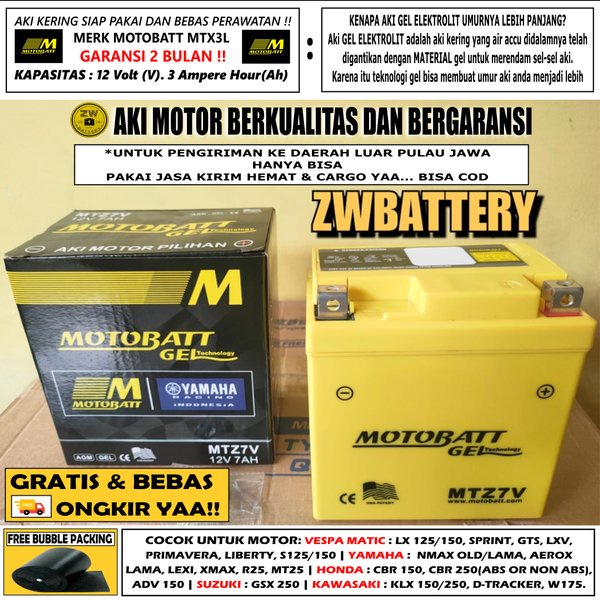 Aki Motor NMAX, AEROX, VESPA LXV 125, KLX 150 MTZ7V MOTOBATT