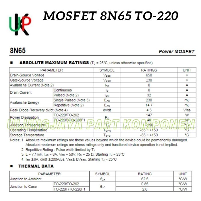 Mosfet 8N65 8N65 650V 8A 7N65 7N65 Fast Switching
