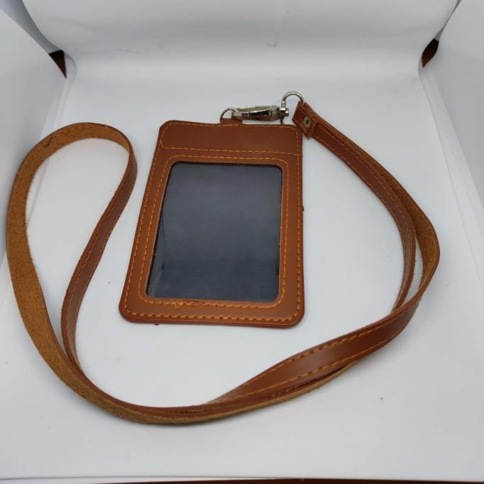 

name tag id card holder & lanyard set Kulit Coklat idcard 4 Slot