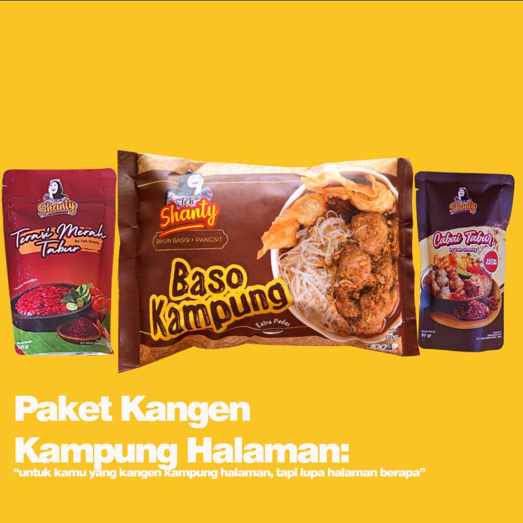 

Paket Kangen Kampung Halaman : 1Pcs Baso Kampung, 1Pcs Terasi Pouch 75 Gr, 1Pcs Cabai Tabur 50 Gr